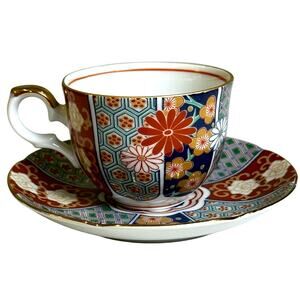 Arita Imari Fan Vintage Cup and Saucer Set Gilded Accents Urn Flowers Design